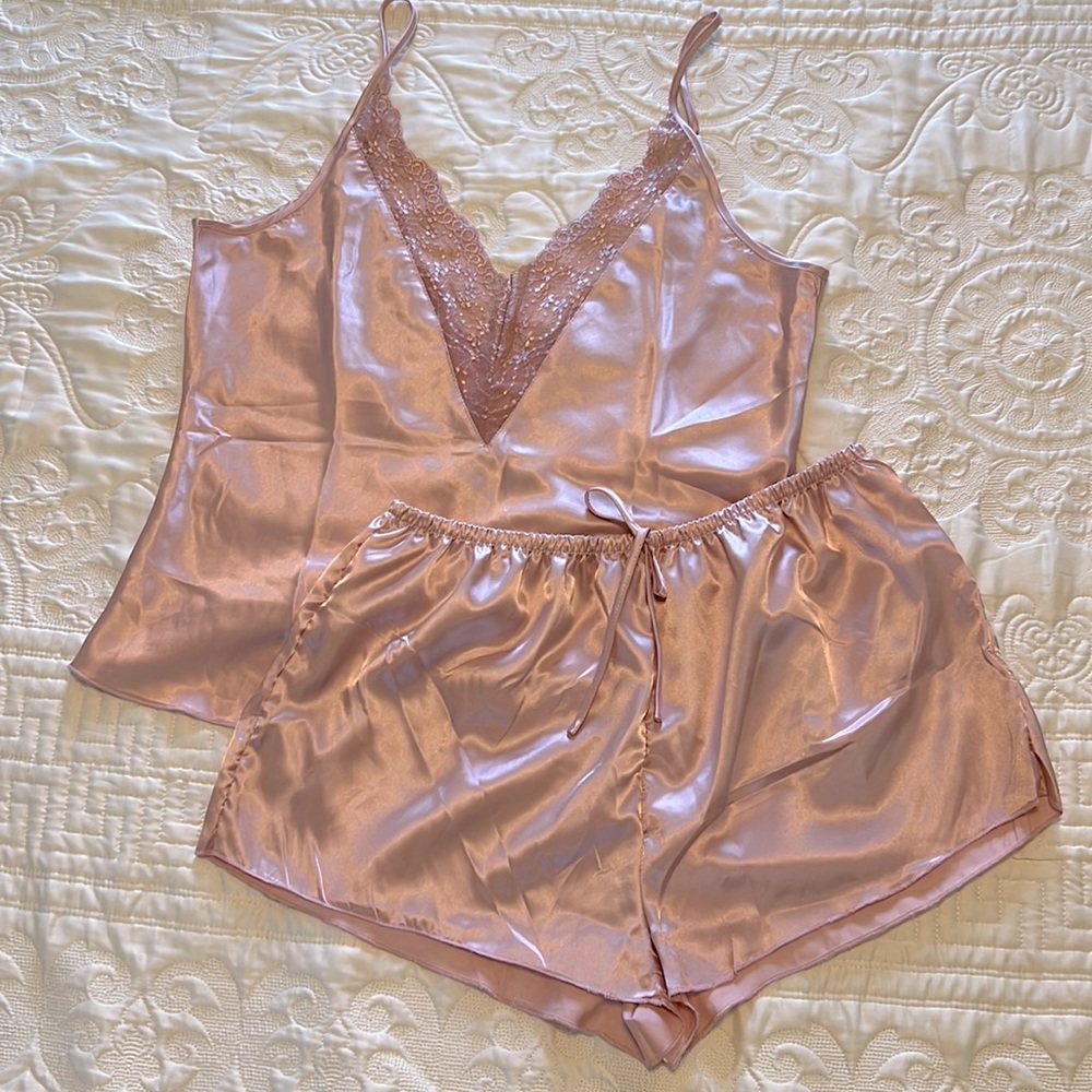 Women’s Satin Mesh Lace Deep V Neck Cami and Shorts, 2 pcs Set, Size L